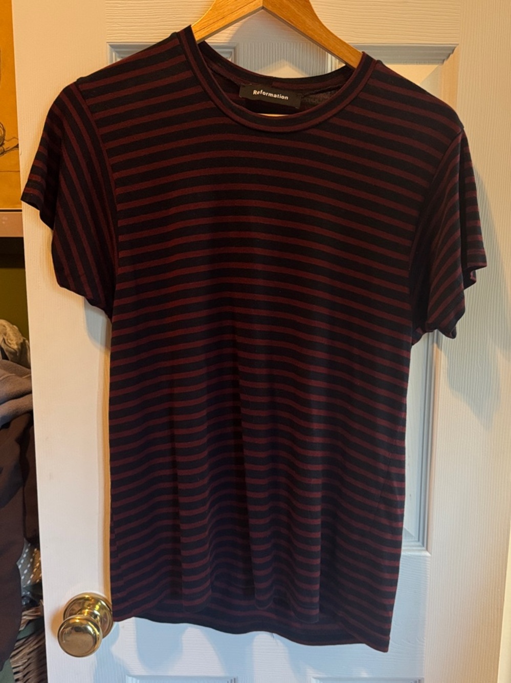 Reformation Navy and Burgundy Striped Short Sleeve Tee